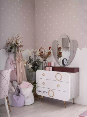 Mobili per bambini completi - Letto per bambini con contenitore integrato, set in legno rosa 6 pezzi