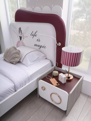 Mobili per bambini completi - Letto per bambini con contenitore integrato, set in legno rosa 6 pezzi