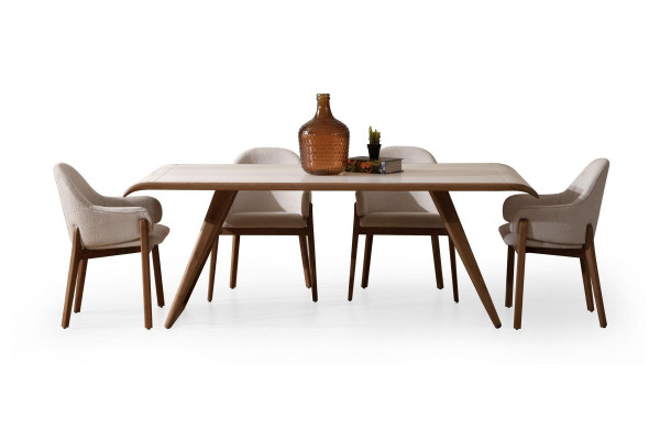 Set da pranzo bianco-marrone Moderno tavolo da pranzo 6 sedie imbottite 9 pezzi