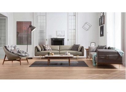 Set da salotto di design: divani in pelle di lusso e poltrone tessili - 3 pezzi.