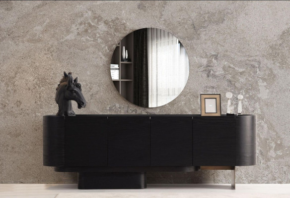 Mobili da sala da pranzo neri, elegante credenza con specchio, cassettiera in legno.