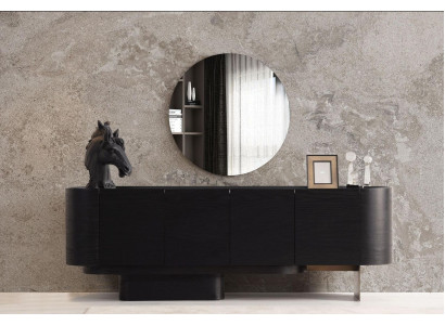 Mobili da sala da pranzo neri, elegante credenza con specchio, cassettiera in legno.