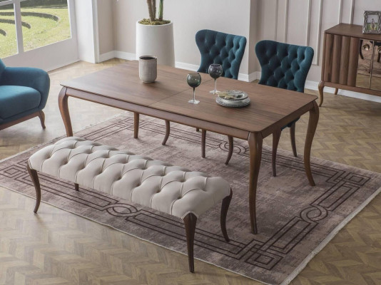 Mobili da sala da pranzo marrone e bianco Chesterfield, divano di design tavolo da pranzo di lusso.