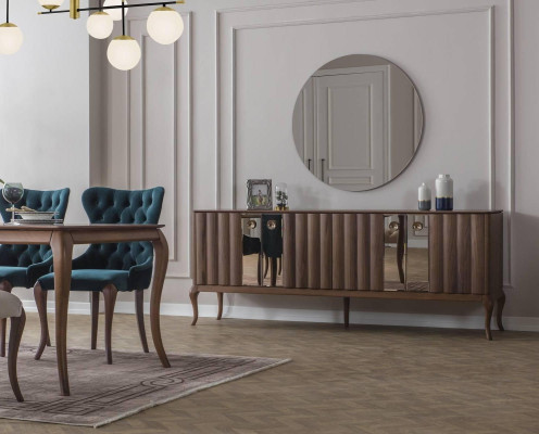 Mobili da sala da pranzo marrone e bianco Chesterfield, divano di design tavolo da pranzo di lusso.