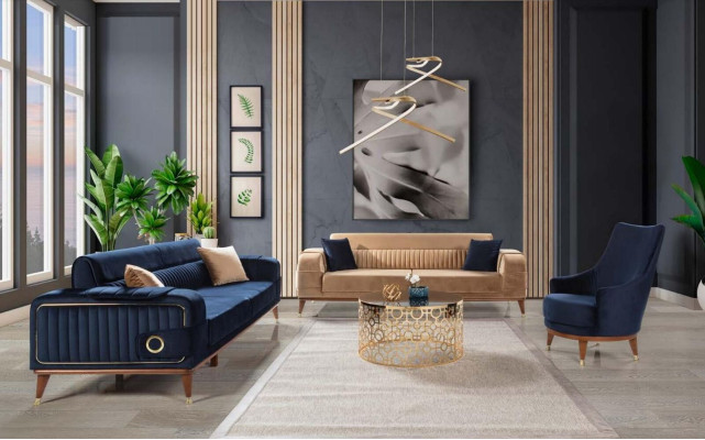 Divano moderno a 3 posti, colore beige, divani design stile soggiorno in legno.