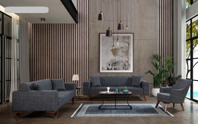 Sofà 3+3+1 posti, divani di design imbottiti grigi, mobili 3 pezzi