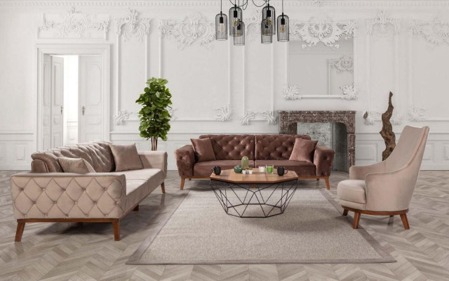 Set da divano Sofa 3+3+1 posti Marrone Poltrona in velluto stile Chesterfield