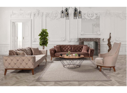 Set da divano Sofa 3+3+1 posti Marrone Poltrona in velluto stile Chesterfield