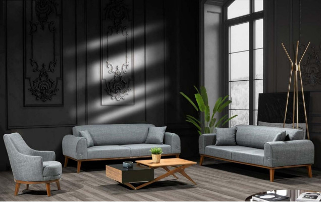 Poltrona singola da soggiorno a schienale alto in legno e tessuto.