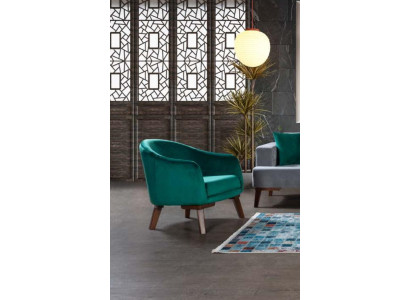 Poltrona di lusso imbottita in tessuto verde per soggiorno, singola e nuova.