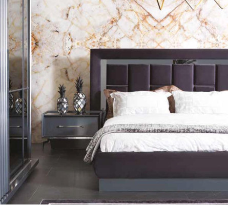 Moderni set da camera da letto grigio con letto, 2 comodini, armadio e cassettiera, 5 pezzi.