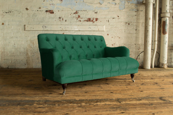 Chesterfield divano imbottito in pelle a 2 posti, stile moderno in tessuto verde.