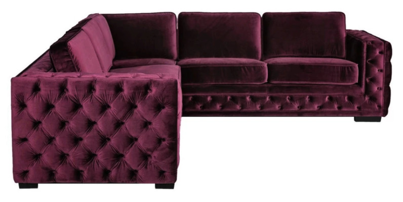 Divano d'angolo Chesterfield in velluto e stoffa color Borgogna, nuovi mobili di design moderno per il soggiorno.