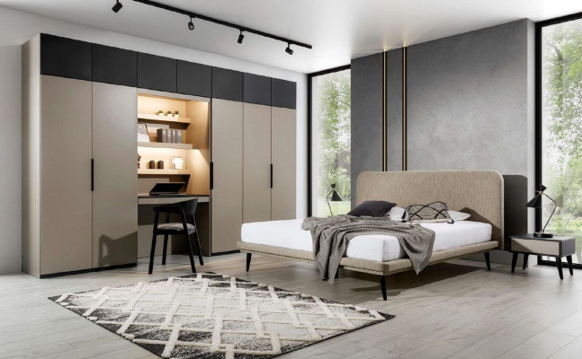 Armadio grigio, design elegante in legno per camera da letto, mobili moderni di lusso nuovi.