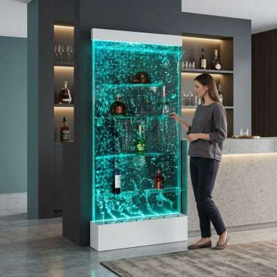 Mobili a scaffale illuminati a LED per bar a parete design, colonna scaffale, bancone con colonne d'acqua.