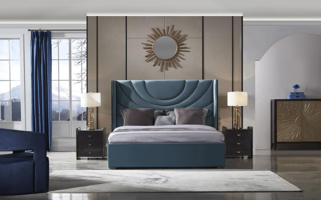 Bellissimo letto matrimoniale con testiera imbottita in stile moderno.