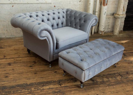 Chesterfield Poggiapiedi Poltrona Pouf Ottomano da salotto Tessuto in Pelle Nuovo