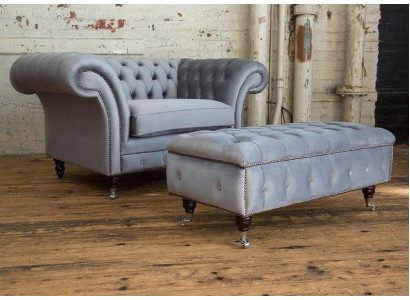 Chesterfield Poggiapiedi Poltrona Pouf Ottomano da salotto Tessuto in Pelle Nuovo