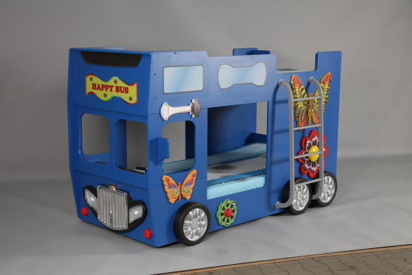 Letto a castello per bambini blu in legno, mobili letto a castello stile auto dei pompieri elegante.
