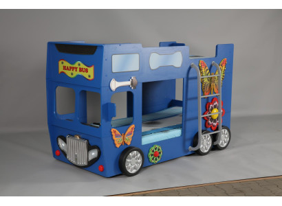 Letto a castello per bambini blu in legno, mobili letto a castello stile auto dei pompieri elegante.