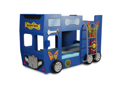 Letto a castello per bambini blu in legno, mobili letto a castello stile auto dei pompieri elegante.