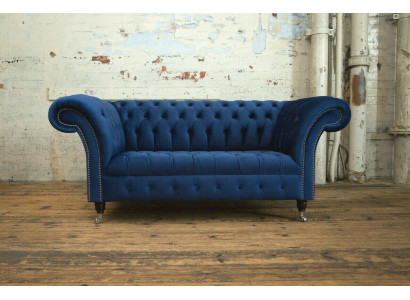 Sofà Chesterfield classico in tessuto blu, set di divani imbottiti 2 posti sofà 185cm.