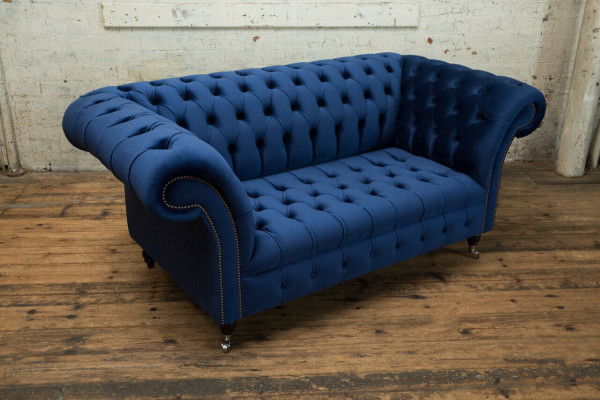 Sofà Chesterfield classico in tessuto blu, set di divani imbottiti 2 posti sofà 185cm.