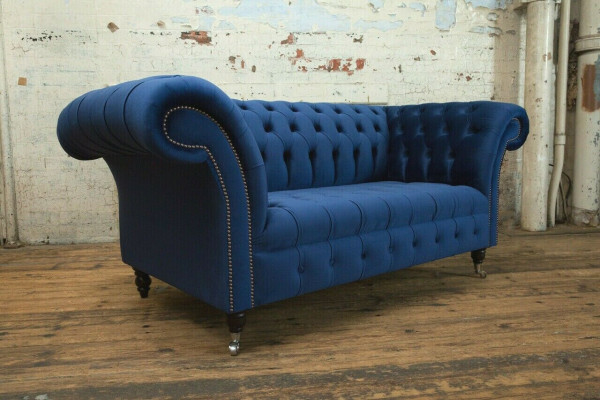 Sofà Chesterfield classico in tessuto blu, set di divani imbottiti 2 posti sofà 185cm.