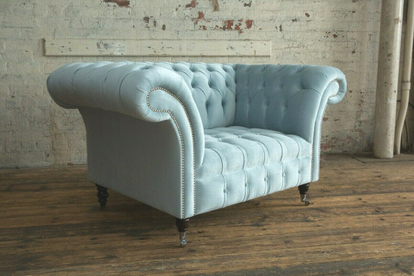Chesterfield Design Tessuto Divano Poltrona 1.5 Posti Imbottiti Divani Lounge Blu Velluto