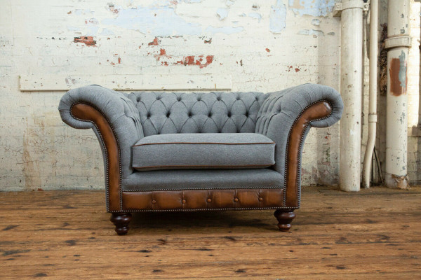 Chesterfield Design Divano in tessuto Poltrona 1.5 posti Divani imbottiti Salotto Velluto Grigio