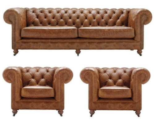 Braun Chesterfield + 2 poltrone in pelle Divani Mobili creativi Nuovo Divano soggiorno