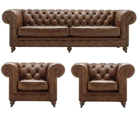 Braun Chesterfield + 2 poltrone in pelle Divani Mobili creativi Nuovo Divano soggiorno