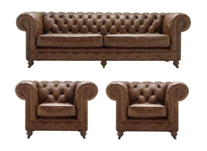 Braun Chesterfield + 2 poltrone in pelle Divani Mobili creativi Nuovo Divano soggiorno