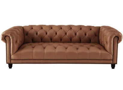 Beige divano Chesterfield in pelle a tre posti per il soggiorno, design moderno, nuovo.