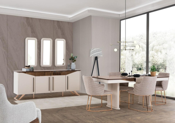 Gruppo da pranzo Sala da pranzo Angolo pranzo Tavolo Sedie Madia Legno Beige 8 pezzi