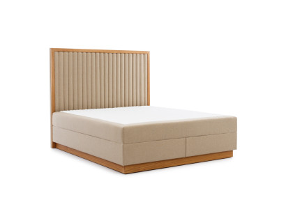 Camera da letto beige e marrone, letti di design, letti matrimoniali, letto in tessuto.