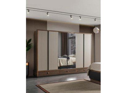 Armadio camera da letto beige design in legno, mobili di lusso nuovi.