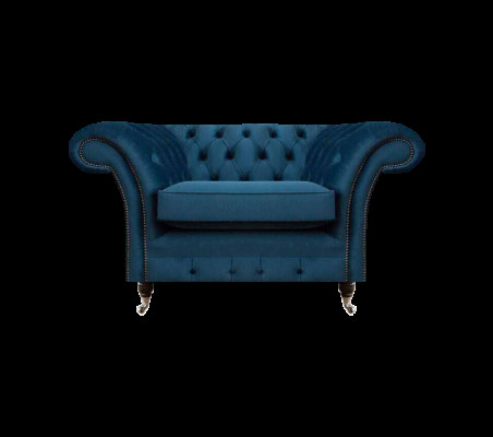 Poltrona Chesterfield di lusso in tessuto blu per il soggiorno.