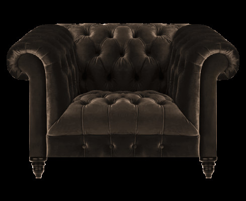 Chesterfield in tessuto marrone per soggiorno moderno, poltrona singola.