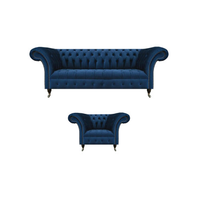 Blaue Chesterfield set poltrona tre posti in stoffa da designer, 2 pezzi.