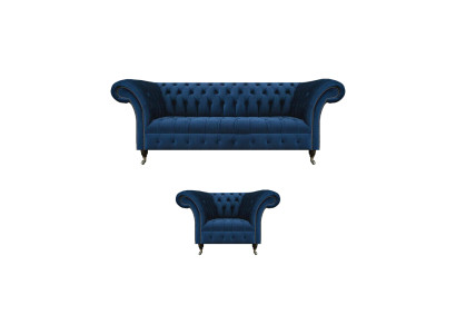Blaue Chesterfield set poltrona tre posti in stoffa da designer, 2 pezzi.