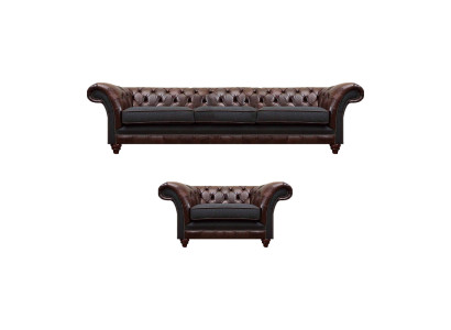 Divano in pelle marrone Chesterfield set poltrona imbottita elegante a tre posti.