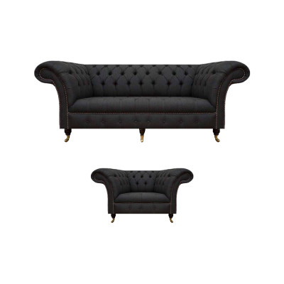 Chesterfield Set in tessuto nero, design poltrona imbottita a 3 posti, 2 pezzi
