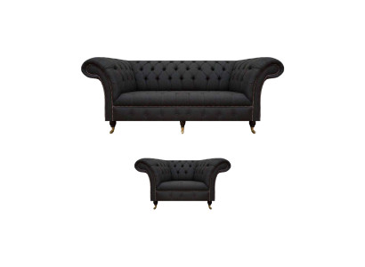 Chesterfield Set in tessuto nero, design poltrona imbottita a 3 posti, 2 pezzi