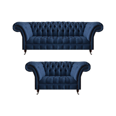 Set da salotto blu Chesterfield in tessuto divani a tre posti e a due posti 2 pezzi.