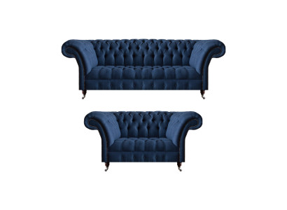 Set da salotto blu Chesterfield in tessuto divani a tre posti e a due posti 2 pezzi.