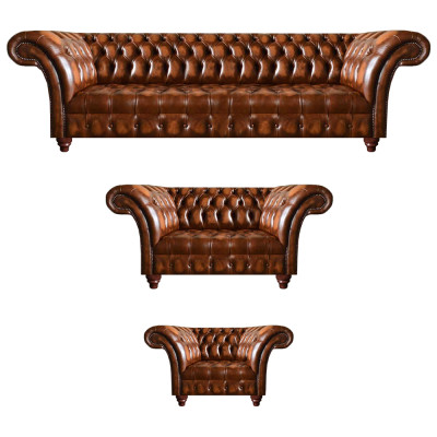 Chesterfield Brown Leather Suite Living Room Sofas Leather Couches 3 pieces