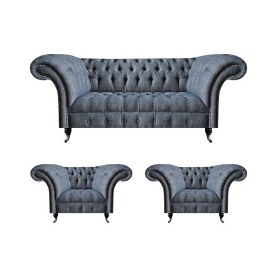 Chesterfield set Grigio imbottito Sedili 2 poltrone a braccioli Divano a tre posti