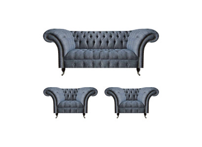 Chesterfield set Grigio imbottito Sedili 2 poltrone a braccioli Divano a tre posti