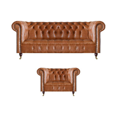 Marroni eleganti divani in pelle Chesterfield, completo set divano 2 pezzi.